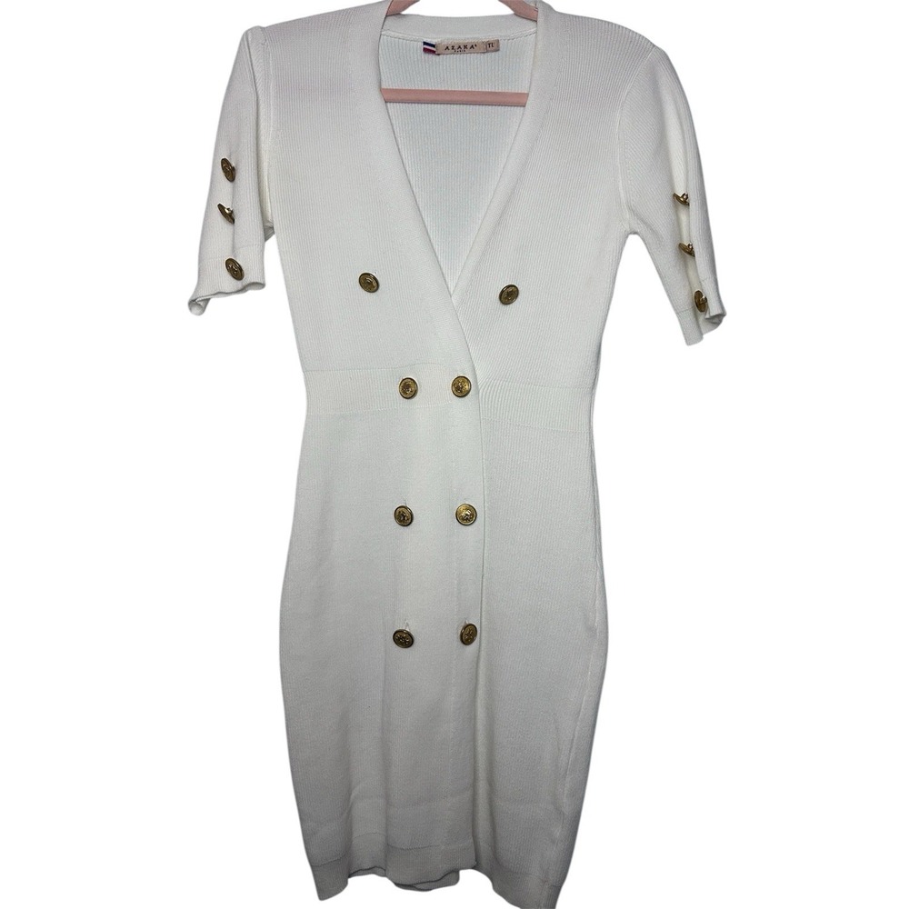 Azara Paris Size TU (One Size S-L) Cream Bodycon Dress Gold Buttons V Neck